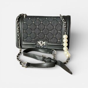 Badgley Mischka Black Denim Diamond Quilted Crossbody Bag Purse Faux Pearls NWT